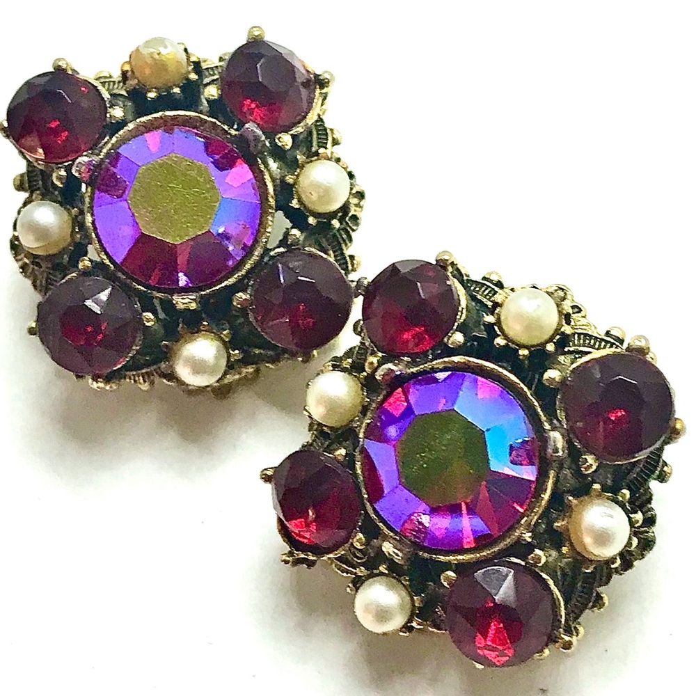 Vintage Earrings Ruby Red Faux Pearl Ear Clips